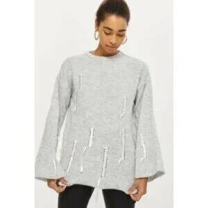 Topshop Slouchy Gray Sweater with Ribbon Detail sz Small Y2K